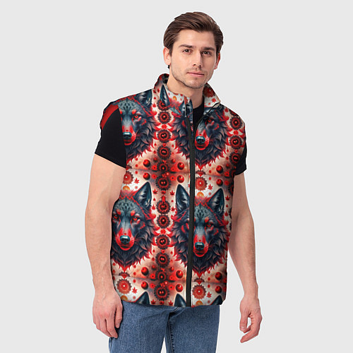 Мужской жилет Серые волки на красном фоне / 3D-Красный – фото 3