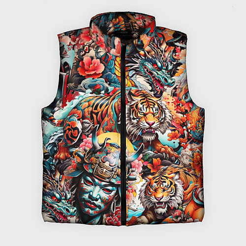 Мужской жилет Японская татуировка дракона тигра и самурая / 3D-Черный – фото 1
