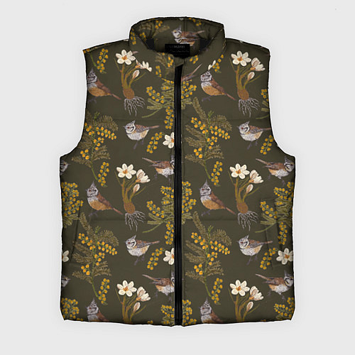 Мужской жилет Хохлатые синицы и мимоза паттерн / 3D-Черный – фото 1