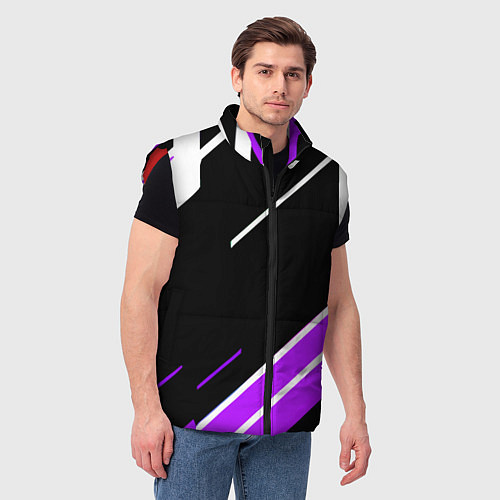 Мужской жилет Бело-фиолетовые полосы на чёрном фоне / 3D-Красный – фото 3