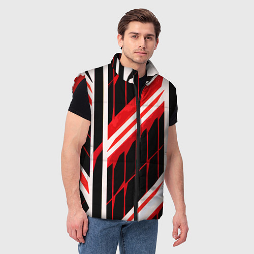 Мужской жилет Red and white lines on a black background / 3D-Красный – фото 3