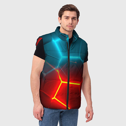 Мужской жилет Голубые и красные неоновые плиты в разломе / 3D-Красный – фото 3