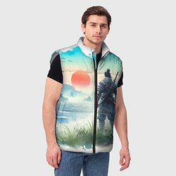 Мужской жилет Японский самурай на берегу горного озера, цвет: 3D-светло-серый — фото 2