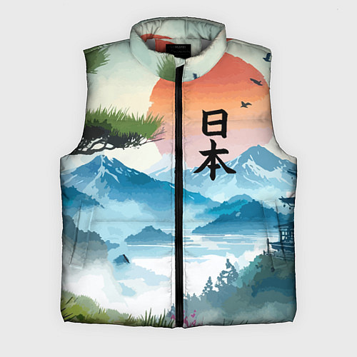 Мужской жилет Восход красного солнца - Японский пейзаж / 3D-Светло-серый – фото 1