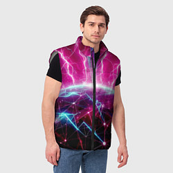 Мужской жилет Неоновые молнии ударяют в планету - нейроарт, цвет: 3D-светло-серый — фото 2