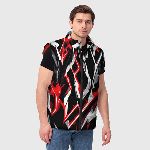 Мужской жилет Красно-белые агрессивные полосы на чёрном фоне / 3D-Красный – фото 3