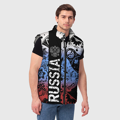 Мужской жилет Герб России на фоне матрёшек балалайки и славянски / 3D-Светло-серый – фото 3