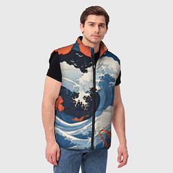 Мужской жилет Япония волны алые цветы, цвет: 3D-черный — фото 2