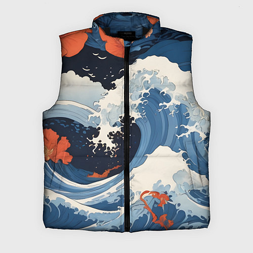 Мужской жилет Япония волны алые цветы / 3D-Черный – фото 1