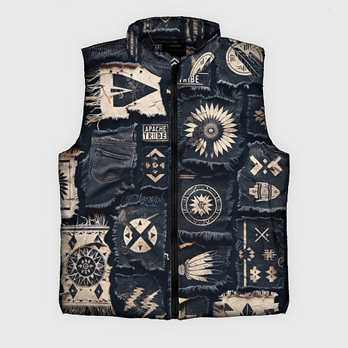 Мужской жилет Знаки Апачи на пэчворк дениме / 3D-Черный – фото 1