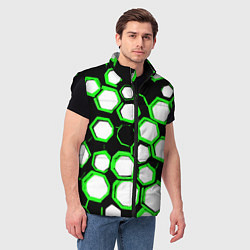 Мужской жилет Бело-зелёные шестиугольники на чёрном фоне, цвет: 3D-черный — фото 2