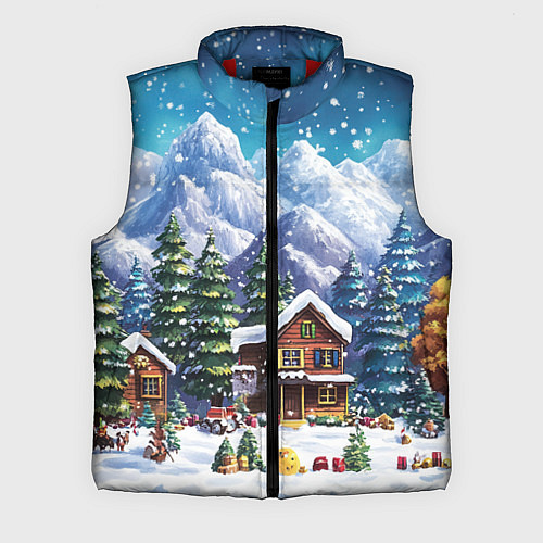 Мужской жилет Дома в зимнем новогоднем пейзаже / 3D-Красный – фото 1