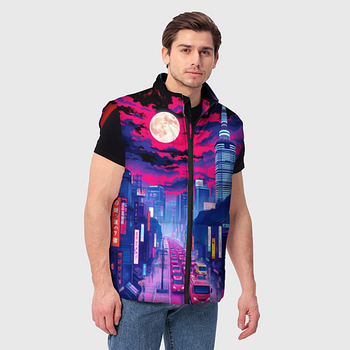 Мужской жилет Яркий японский мегаполис / 3D-Красный – фото 3