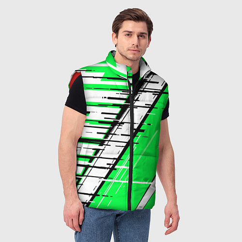 Мужской жилет Чёрно-белые глитч полосы на зелёном фоне / 3D-Красный – фото 3