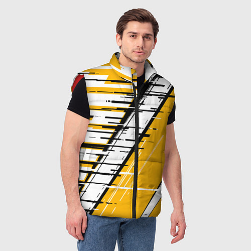 Мужской жилет Чёрно-белые глитч полосы на жёлтом фоне / 3D-Красный – фото 3
