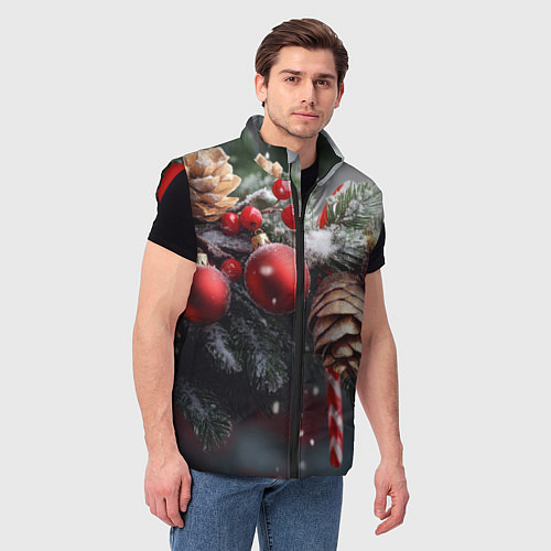 Мужской жилет Новогодние украшения на ветках / 3D-Красный – фото 3