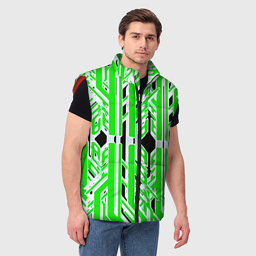 Мужской жилет Бело-зелёные техно полосы на чёрном фоне / 3D-Красный – фото 3