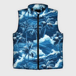 Мужской жилет Пальмы и волны - голубые оттенки паттерн, цвет: 3D-черный