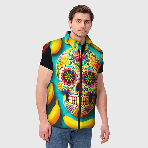 Мужской жилет Череп и бананы - летняя композиция / 3D-Красный – фото 3