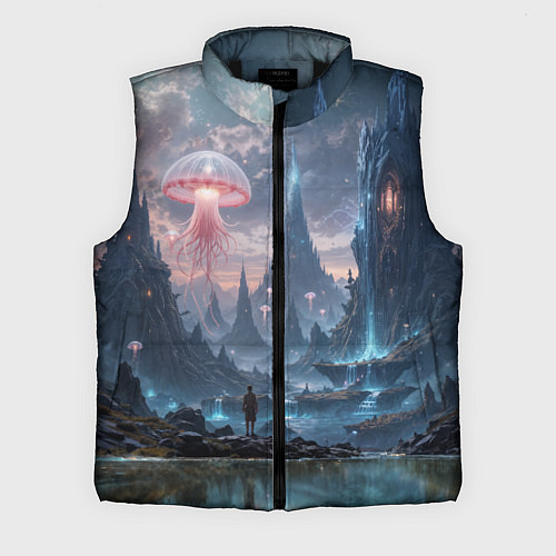 Мужской жилет Фантастический мир с медузами и озеро у гор / 3D-Черный – фото 1