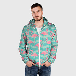 Ветровка с капюшоном мужская Flamingo Pattern, цвет: 3D-белый — фото 2