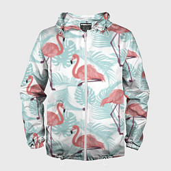 Ветровка с капюшоном мужская Узор фламинго и тропических растений, цвет: 3D-белый