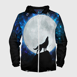 Ветровка с капюшоном мужская Волк воющий на луну, цвет: 3D-белый