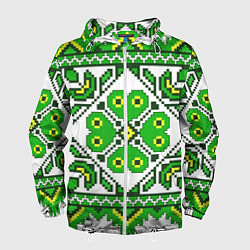 Ветровка с капюшоном мужская Славянский Узор Зеленый, цвет: 3D-белый