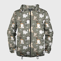 Ветровка с капюшоном мужская Кошечки с рыбками, цвет: 3D-черный