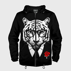 Ветровка с капюшоном мужская Тигр с красной розой, цвет: 3D-черный