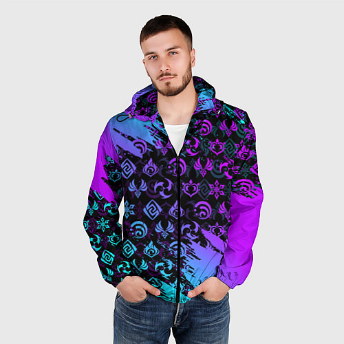 Мужская ветровка GENSHIN NEON PATTERN SYMBOL НЕОН ЭМБЛЕМЫ / 3D-Черный – фото 3