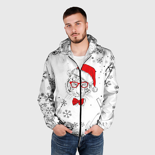 Мужская ветровка Новогодний тигр летящие снежинки / 3D-Черный – фото 3