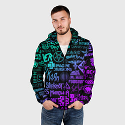 Ветровка с капюшоном мужская ЛОГОТИПЫ РОК ГРУПП НЕОН ROCK NEON, цвет: 3D-черный — фото 2