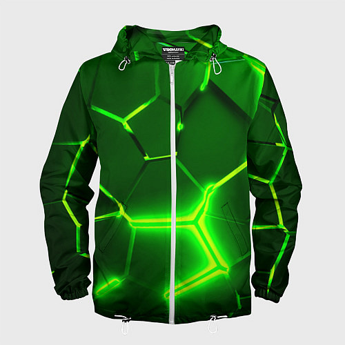 Мужская ветровка 3D ПЛИТЫ НЕОН NEON GREEN HEXAGON РАЗЛОМ / 3D-Белый – фото 1