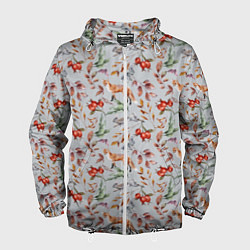 Ветровка с капюшоном мужская Лисы и лесные ягоды, цвет: 3D-белый