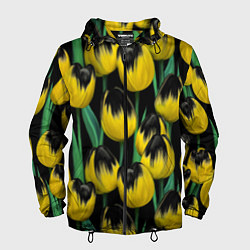 Ветровка с капюшоном мужская Цветы Желтые Тюльпаны, цвет: 3D-черный