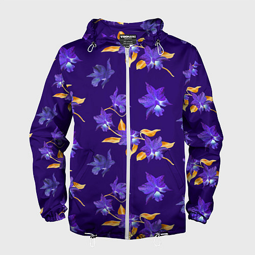 Мужская ветровка Цветы Фиолетовые Ирисы На Синем Фоне / 3D-Белый – фото 1