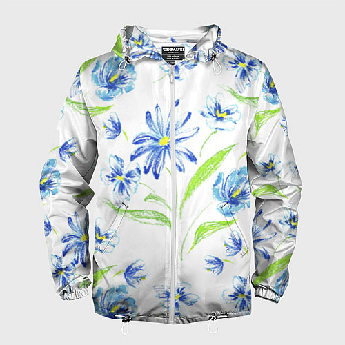 Мужская ветровка Цветы Синие Нарисованные Карандашами / 3D-Белый – фото 1
