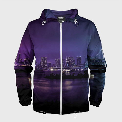 Мужская ветровка Неоновый город с рекой - Фиолетовый / 3D-Белый – фото 1