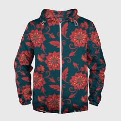 Ветровка с капюшоном мужская Red flowers texture, цвет: 3D-белый