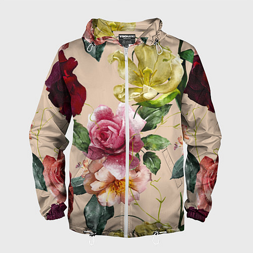 Мужская ветровка Цветы Нарисованные Красные Розы и Лилии / 3D-Белый – фото 1