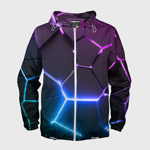 Мужская ветровка Фиолетовый градиент - неоновые геометрические плит / 3D-Белый – фото 1