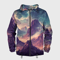Ветровка с капюшоном мужская В горах Вечерний пейзаж, цвет: 3D-черный