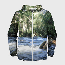 Ветровка с капюшоном мужская Течёт река в лесу, цвет: 3D-белый
