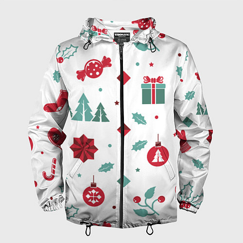 Мужская ветровка Новый год подарки, конфеты, ёлочные шары / 3D-Черный – фото 1