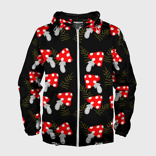 Мужская ветровка Мухоморы на черном фоне / 3D-Белый – фото 1