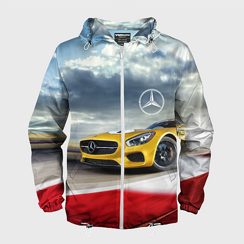 Мужская ветровка Mercedes AMG V8 Biturbo на трассе / 3D-Белый – фото 1