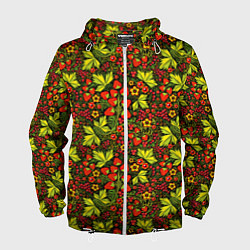 Ветровка с капюшоном мужская Хохлома - клубника и рябина, цвет: 3D-белый
