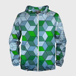 Ветровка с капюшоном мужская Зелёные и серые абстрактные кубы с оптической иллю, цвет: 3D-белый