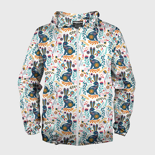 Мужская ветровка Новогодний паттерн - Кролики и веточки / 3D-Белый – фото 1